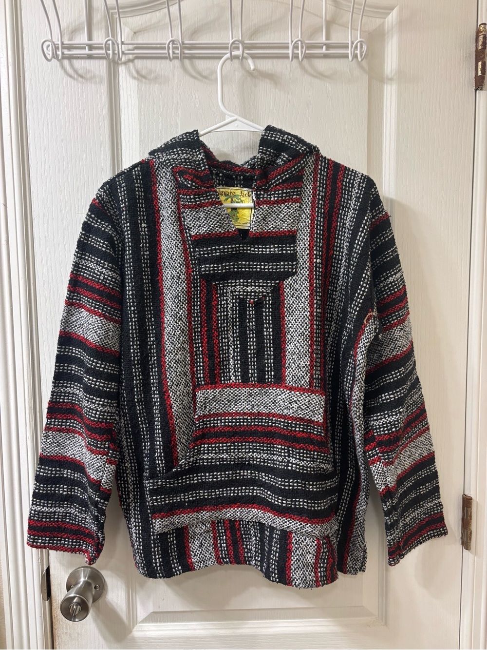 Men's Hooded Baja Knit Sweater Pullover Hoodie Jacket - Black, Gray & Red